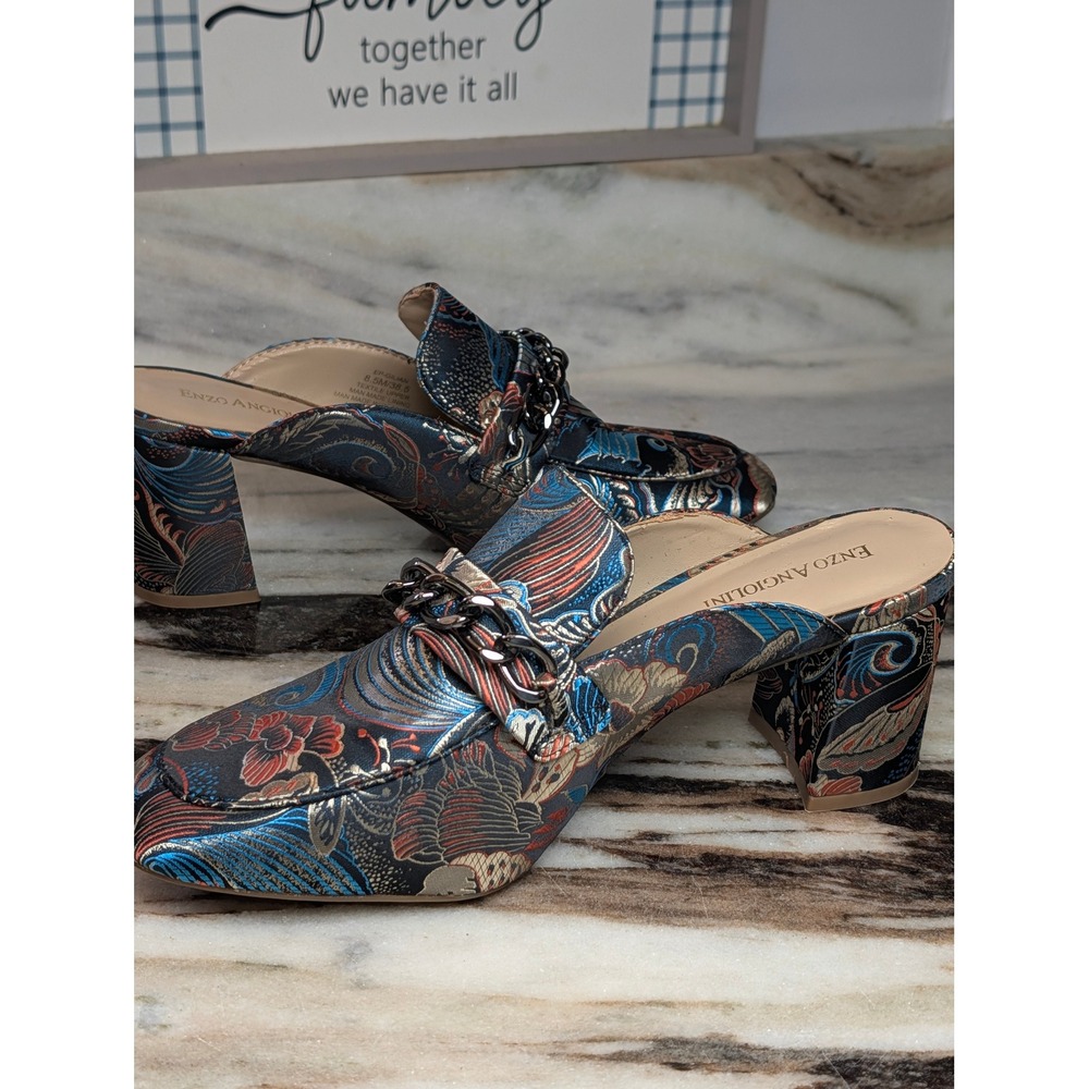 Enzo Angiolini Galian Blue Brocade Floral Chain Block Heel Mules Mens 8.5M/38.5